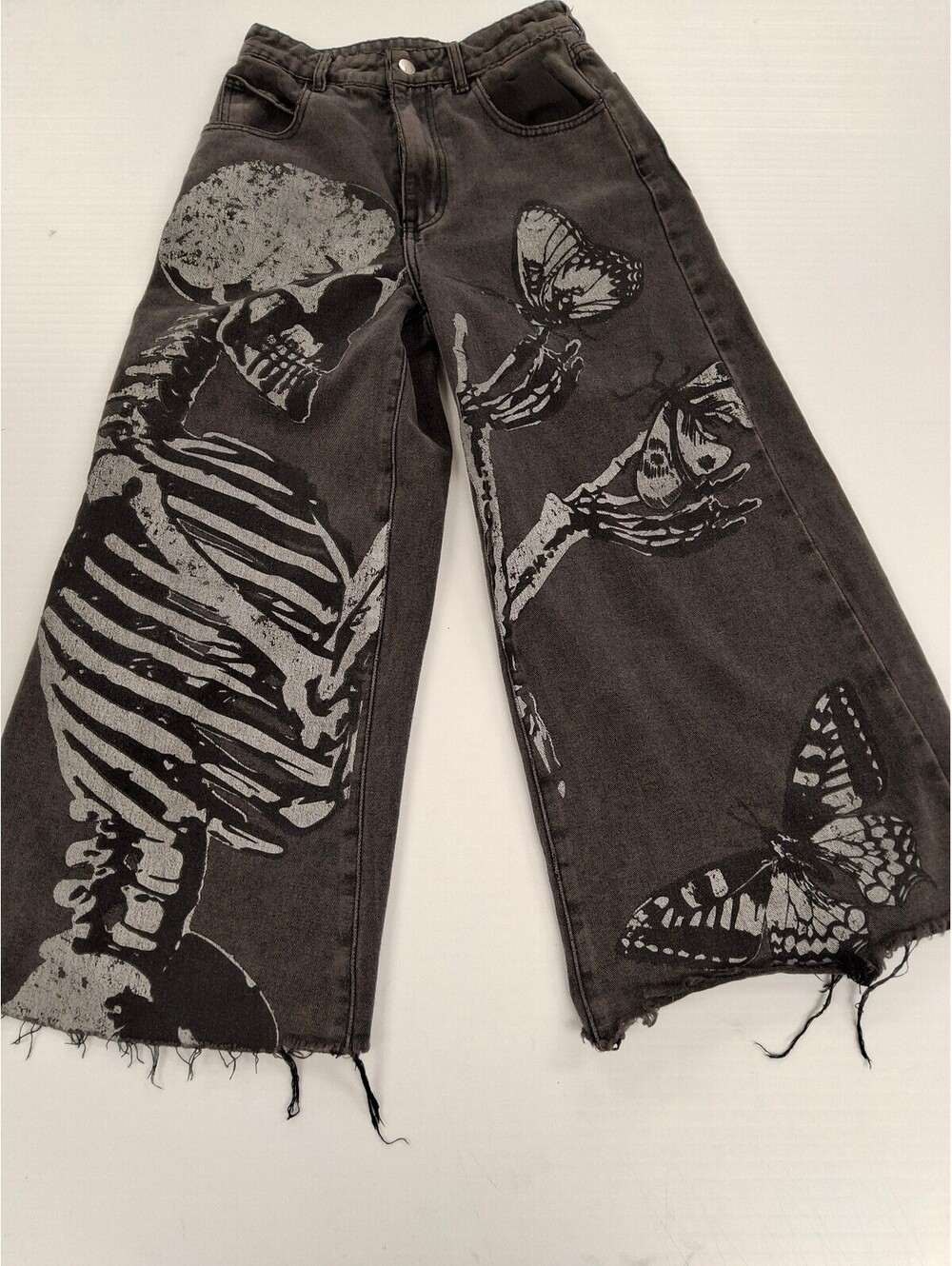 Romwe Women's Skeleton and Butterfly Print Black Wide-Leg Jeans Size S
